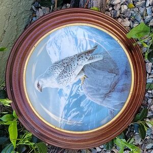 Vintage 1989 The White Gyrafalcon Collectible Plate Wood Round Frame